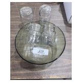 Mason Jars & Green Glass Bowl