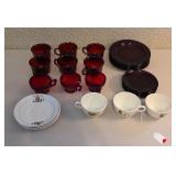 Red Glassware and Vintage Tea Set