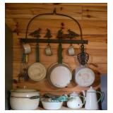 Vintage Enamel Cookware, Utensils and Hanger