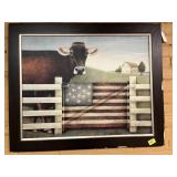 Framed Art Work Cow/Flag