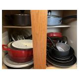 Cupboard of Pans W/ Enamel Cast Iron Red Pot
