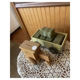 Wooden tractor bank, wood trailer with wooden hay