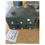 Wooden parts cabinet with six drawers, full of