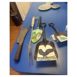 Painted shovels, cleaver & fork
