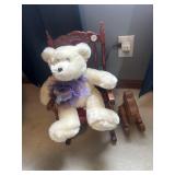 Doll size rocker, teddy bear, and wooden bear
