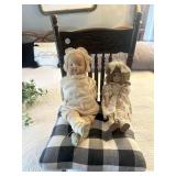 Wooden spindle, doll chair, and dolls