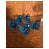 Five small blue birds, hand blown decorative