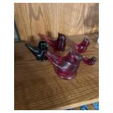 Five blown glass, decorative birds ï¿½ red
