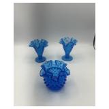 Three small blue ruffled edge hobnail vases