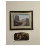 Two wall pictures, a country cottage and Jesus