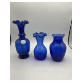 3 Cobalt Blue Vases - 2 with ruffled top
