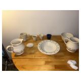 Nine pieces Longaberger Pottery: candle holders,