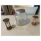 Early glass store jar with 2 sand timers