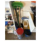 Loweï¿½s Bucket with umbrella, broom, mops, 2 tins.