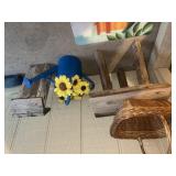 Stool, birdhouse, sprinkler can, basket