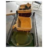 A tote with Pyrex bowl, basket, organizers, wet,