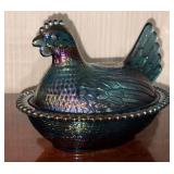 Iridescent Blue Hen on Nest Carnival Glass