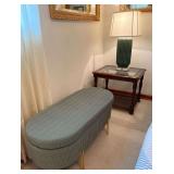 Glass Top Side Tables, Cushioned Storage Ottoman & Lamps