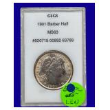 1901 Barber Silver Half Dollar GLGS MS63