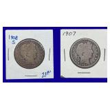 1907 & 1908-S Barber Silver Half Dollars