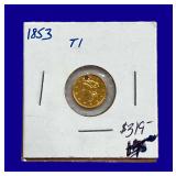 1853 Liberty Head $1 Gold Coin