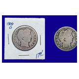 1909-O & 1912 Barber Silver Half Dollars