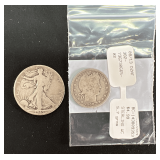 1945 Walking Liberty Silver Half Dollar & 1908 Barber Silver Quarter
