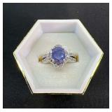 14K White Gold Women's Ring with Oval-Faceted Blue Sapphire & Round Cut Diamond