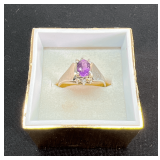 10K White Gold Women's Ring with Oval Amethyst & Round Cut Diamond