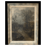 Early 'Country Road with Gate' Oil on Canvas Framed Artwork