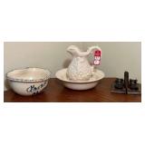 Ceramic Bowl/Pitcher, Popcorn Pottery Bowl & Child Shoe Bookends