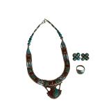 Tibetan/Nepalese Style Statement Necklace, Earrings & Ring Set