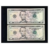 Series 2009 and 2013 $5 Federal Reserve Notes Fancy Serial