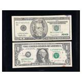 Series 1999 $20 and 2003 $1 Federal Reserve Note Fancy Serial
