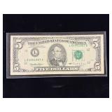 Series 1995 $5 Federal Reserve Note- Minor Misaligned Overprint Error