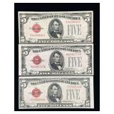 Series 1928B, 1928E, 1928F $5 U.S. Notes- Red Seal