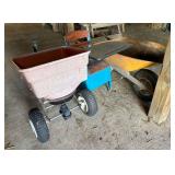 Metal Wheel Barrel, Seed Spreader, & Vintage School Desk