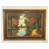 Framed Autumn Forest River Oil Painting