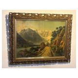 Framed Mountain Landscape Oil Painting