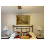 Framed Landscape Painting and Pair of Table Lamps