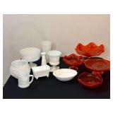 White Milk Glass and Red Art Glass Bowls