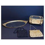 Vanity Mirror, Glass Box, and Beaded Purses