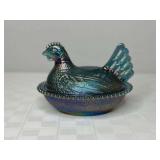 Blue Carnival Glass Hen on Nest