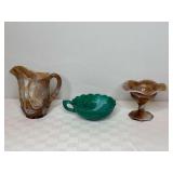 Imperial Glass Company Slag Glass Pitcher, Green Bowl, and Compote