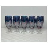 5 Blue Cut to Clear Crystal Goblets