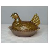 Amber Iridescent Glass Hen on Nest