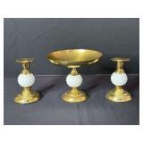 Brass and Milk Glass Candleholders and Compote Set
