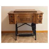 Early White Rotary Treadle Sewing Machine with Oak Cabinet