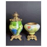 Hand Painted Glass Oil Lamps with Ornate Bases