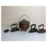 Cast Iron Cauldron and Three Sad Irons with Trivet